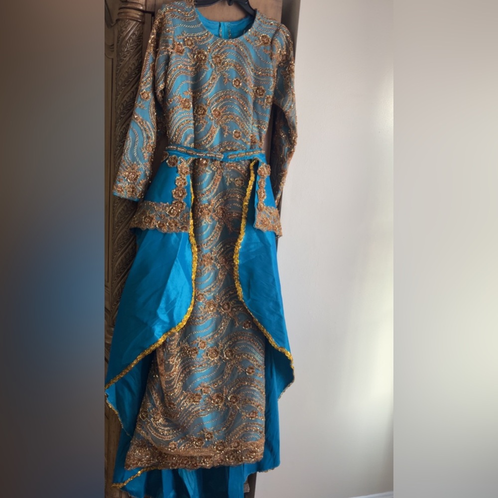 Elegant Blue and Gold Embroidered Dress